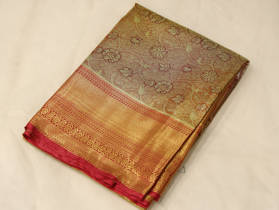 Champagne Gold Kanchipuram Inspired Semi Silk Saree with Wide Wide Contrast Border