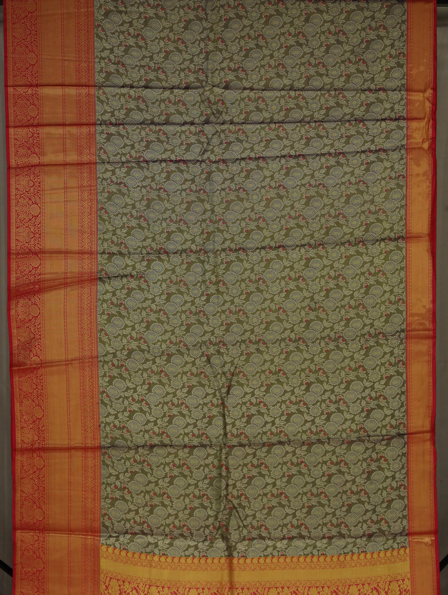 Sage Green Kanchipuram Inspired Semi Silk Saree with Wide Wide Contrast Border