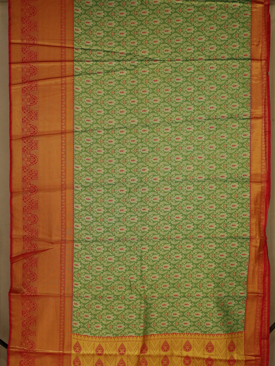 Sage Green Kanchipuram Inspired Semi Silk Saree with Wide Wide Contrast Border