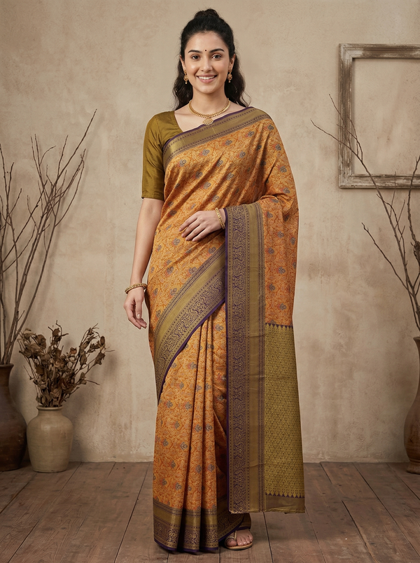 Amber Yellow Dharmavaram Inspired Semi Silk Saree with Medium Medium Contrast Border
