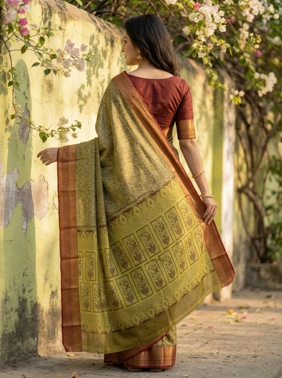 Olive Green Dharmavaram Inspired Semi Silk Saree with Wide Wide Contrast Border