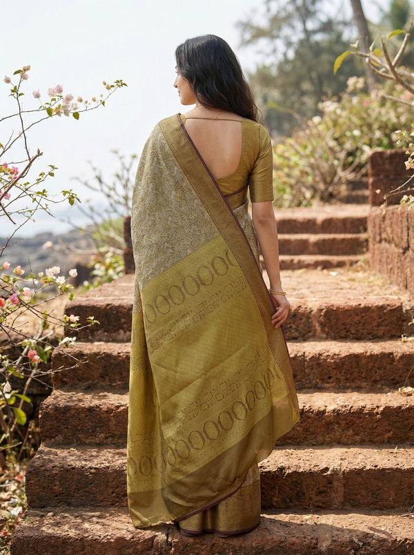 Olive Green Kanchipuram Inspired Semi Silk Saree with Medium Medium Contrast Border