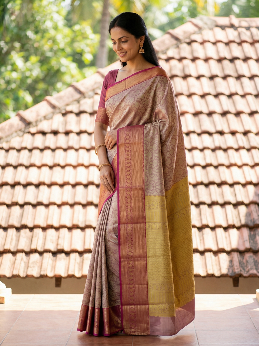 Champagne Gold Kanchipuram Inspired Semi Silk Saree with Wide Wide Contrast Border