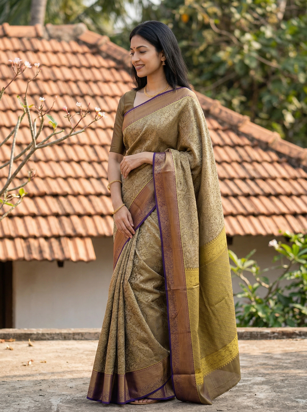 Olive Green Kanchipuram Inspired Semi Silk Saree with Medium Medium Contrast Border