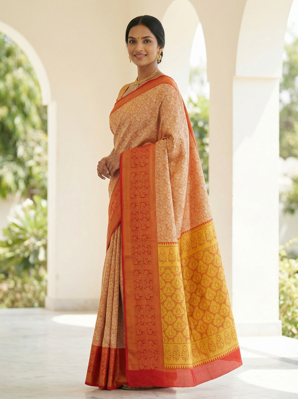 Champagne Gold Dharmavaram Inspired Semi Silk Saree with Wide Wide Contrast Border