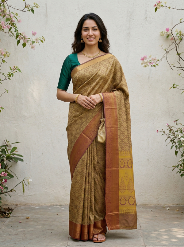 Champagne Gold Dharmavaram Inspired Semi Silk Saree with Wide Wide Contrast Border