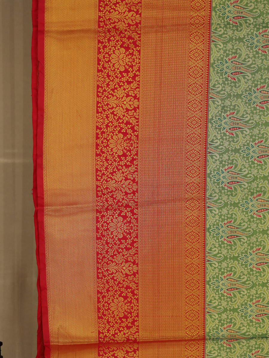 Olive Green Dharmavaram Inspired Semi Silk Saree with Wide Wide Contrast Border