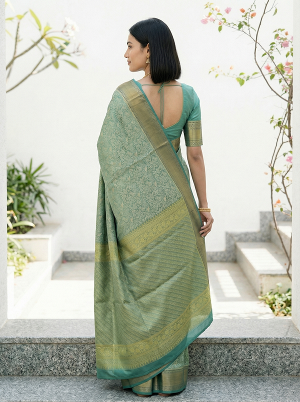 Sage Green Dharmavaram Inspired Semi Silk Saree with Medium Medium Contrast Border