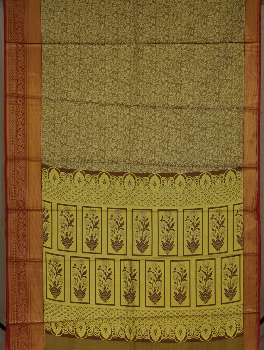 Olive Green Dharmavaram Inspired Semi Silk Saree with Wide Wide Contrast Border
