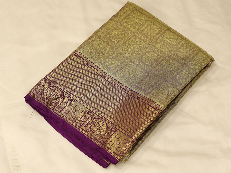 Champagne Gold Gadwal Inspired Semi Silk Saree with Narrow Narrow Contrast Border