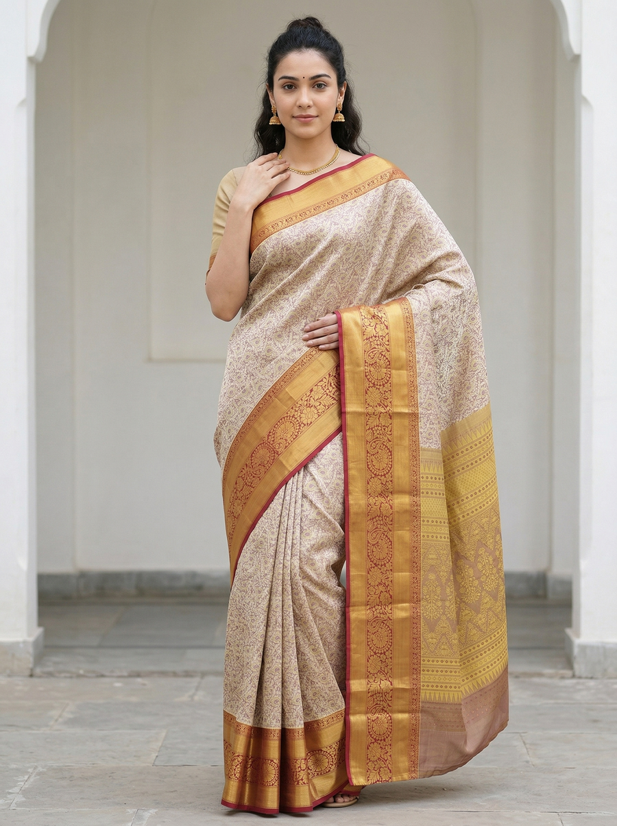 Ivory Beige Dharmavaram Inspired Semi Silk Saree with Wide Wide Contrast Border
