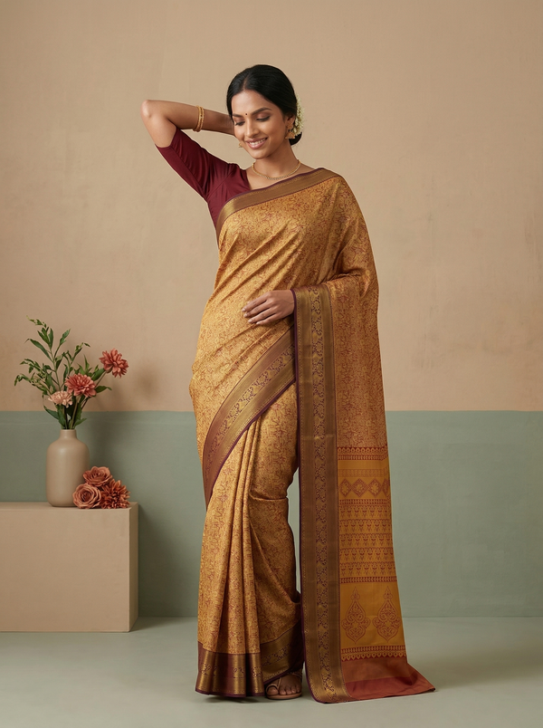 Champagne Gold Dharmavaram Inspired Semi Silk Saree with Medium Medium Contrast Border