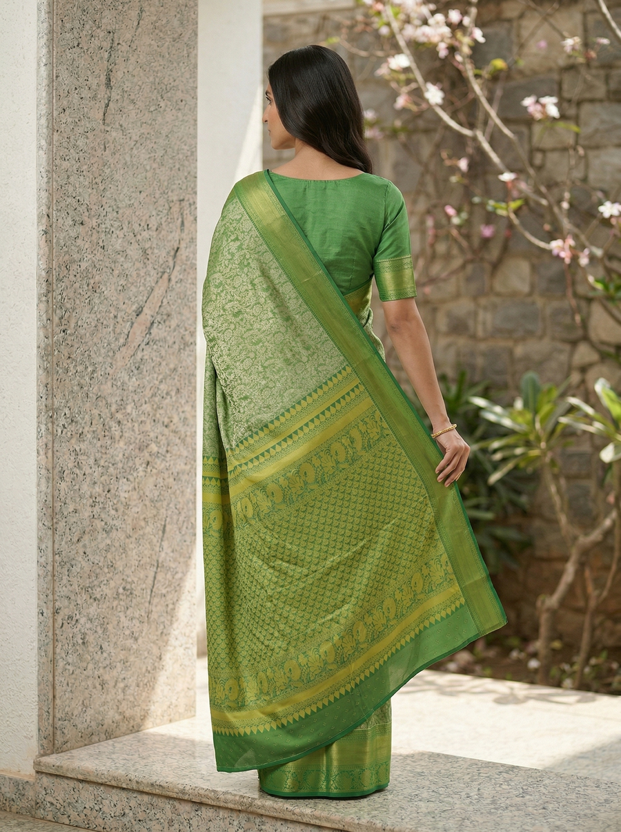 Emerald Green Kanchipuram Inspired Semi Silk Saree with Medium Medium Self Border