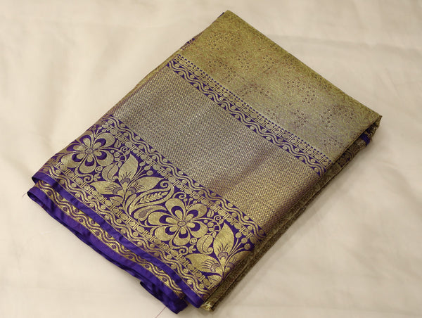 Champagne Gold Kanchipuram Inspired Semi Silk Saree with Wide Wide Contrast Border