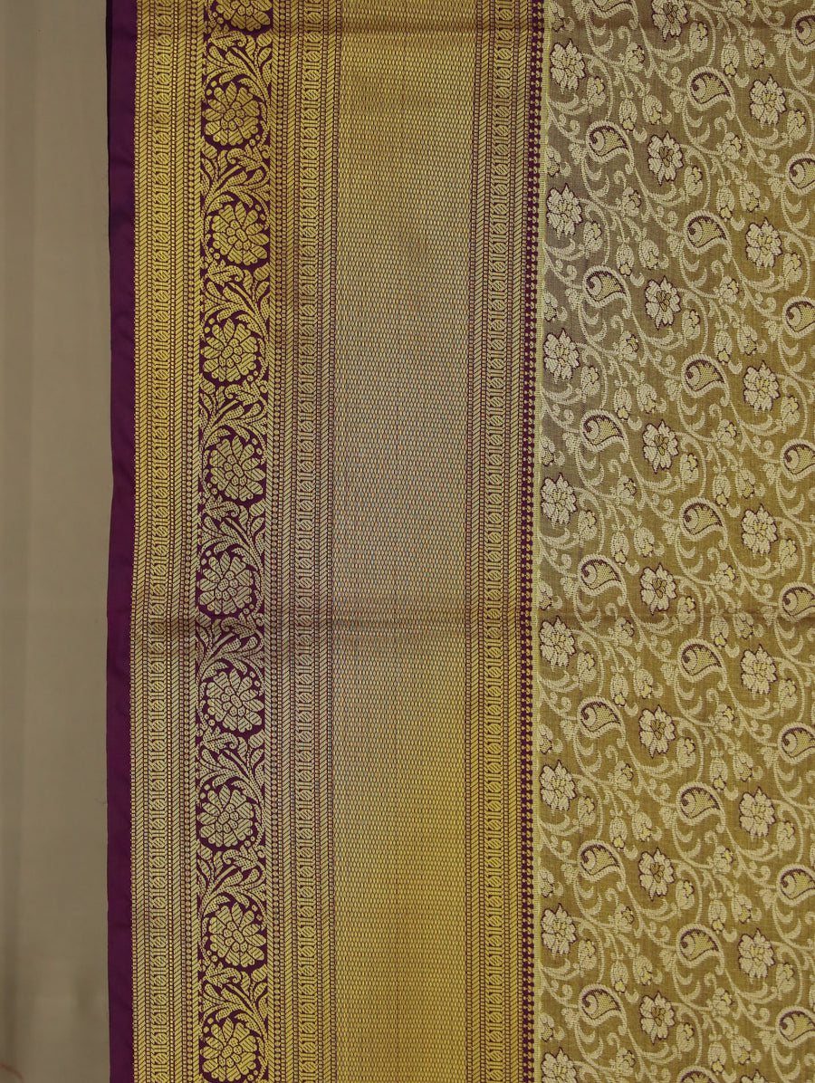Antique Gold Kanchipuram Inspired Semi Silk Saree with Medium Medium Contrast Border