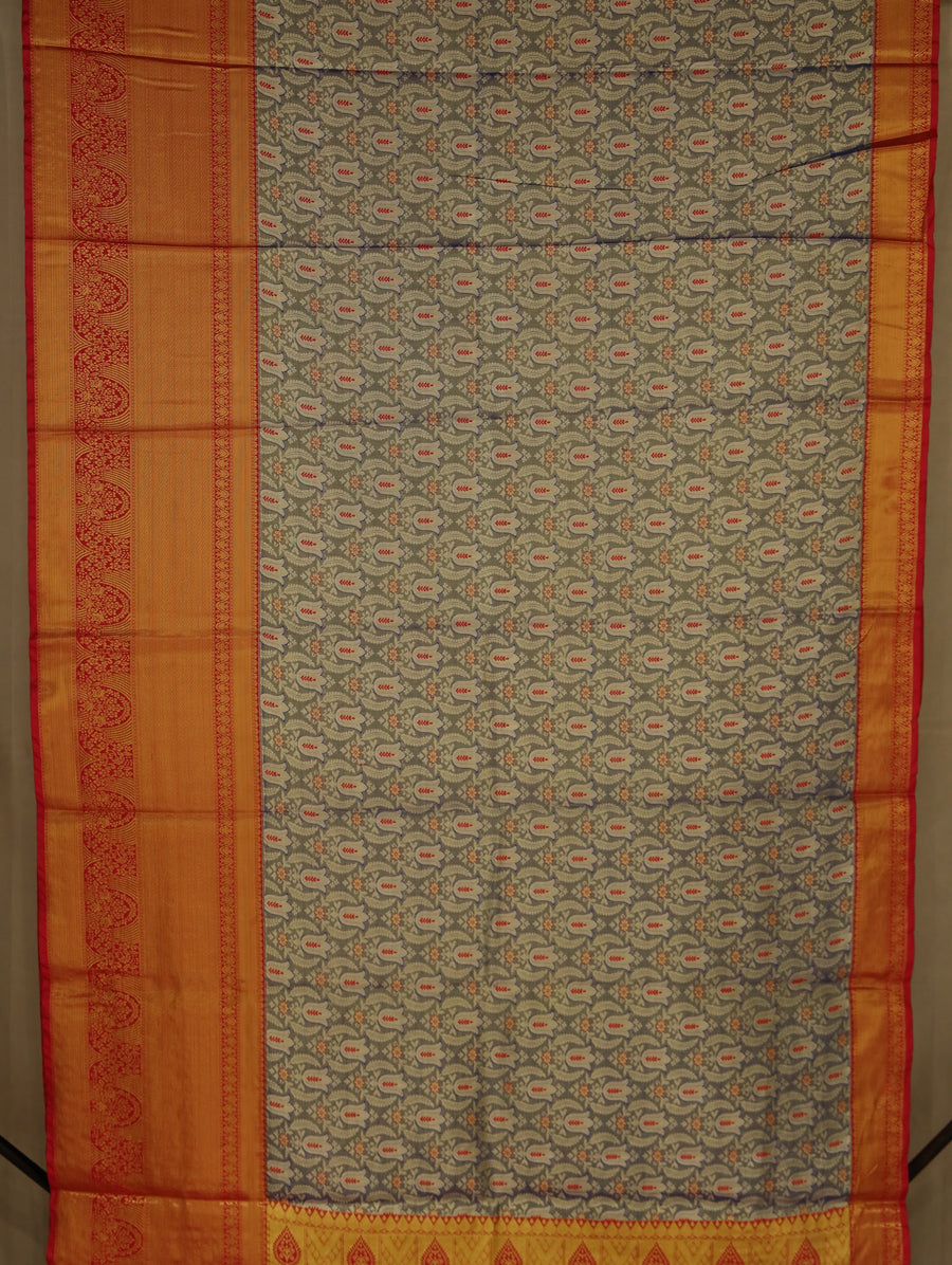 Saffron Yellow Kanchipuram Inspired Semi Silk Saree with Medium Medium Contrast Border