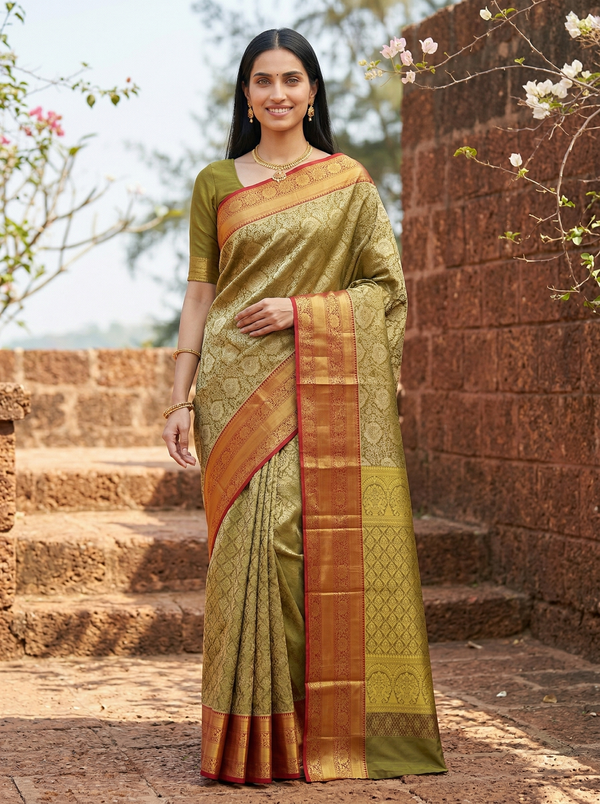Olive Gold Kanchipuram Inspired Semi Silk Saree with Wide Wide Contrast Border
