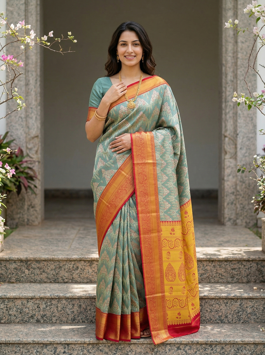 Sage Green Kanchipuram Inspired Semi Silk Saree with Wide Wide Contrast Border