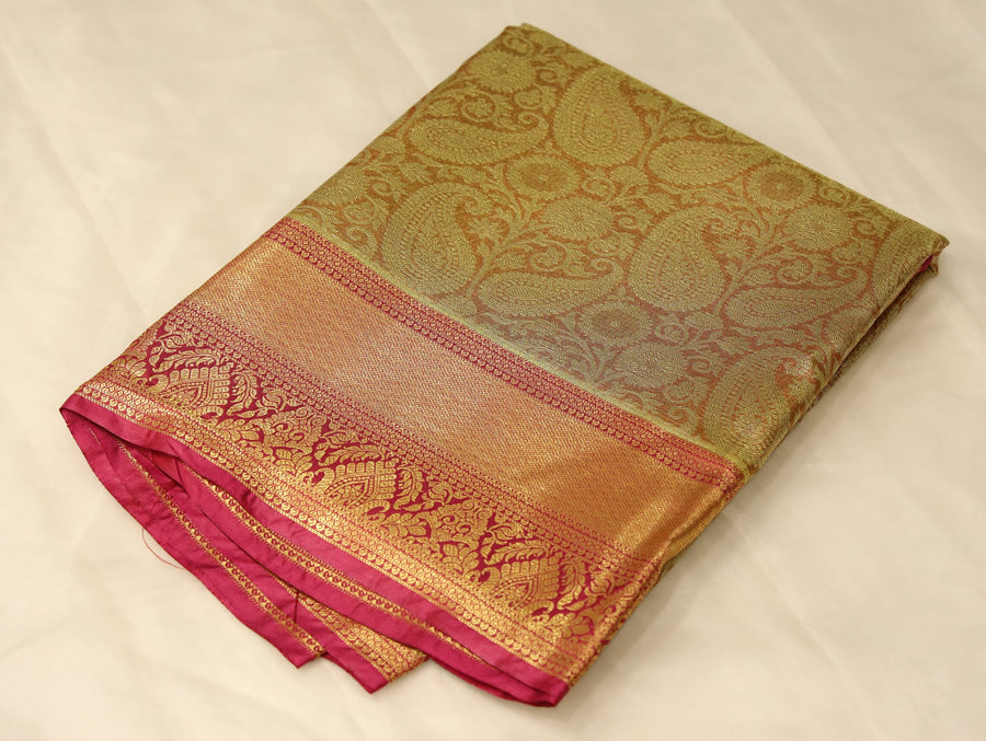Champagne Gold Dharmavaram Inspired Semi Silk Saree with Wide Wide Contrast Border