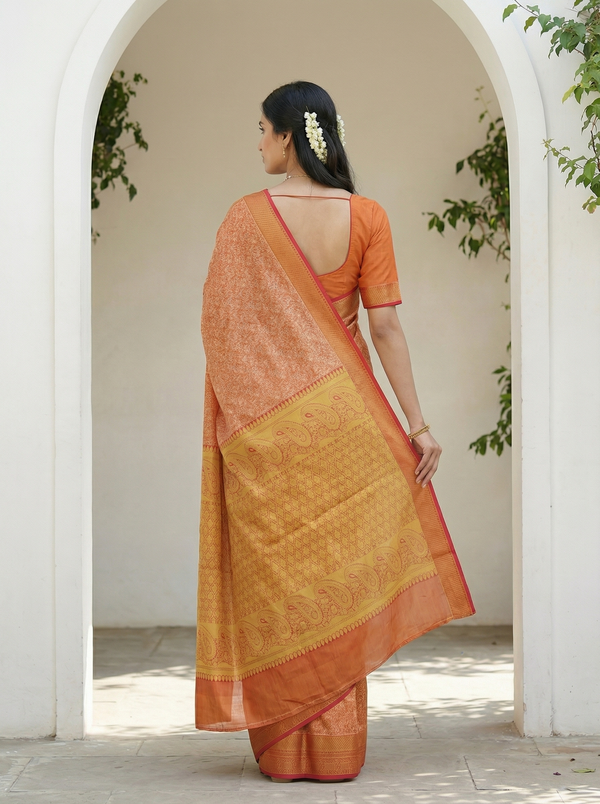 Burnt Orange Kanchipuram Inspired Semi Silk Saree with Medium Medium Contrast Border