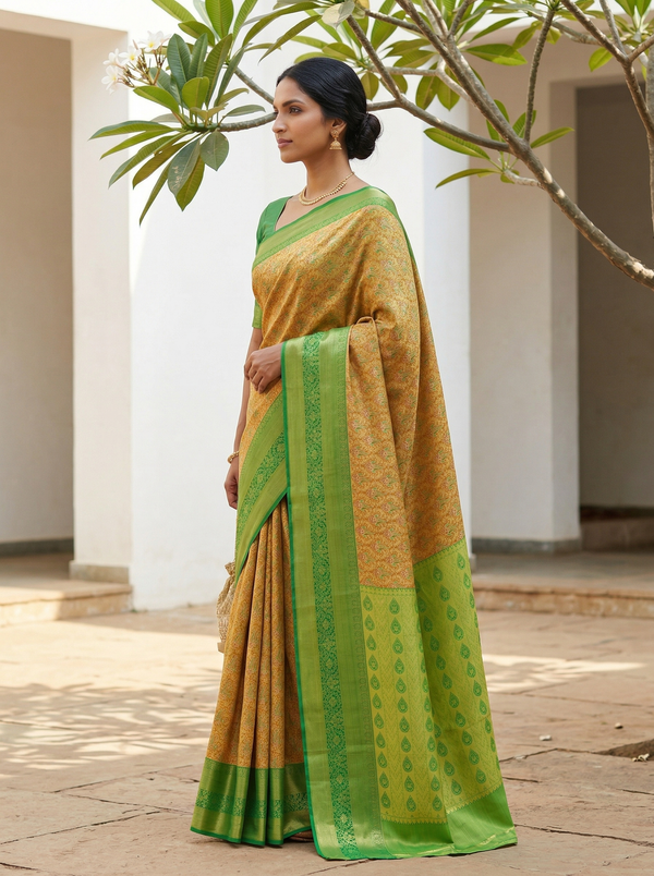Lime Green Dharmavaram Inspired Semi Silk Saree with Medium Medium Self Border