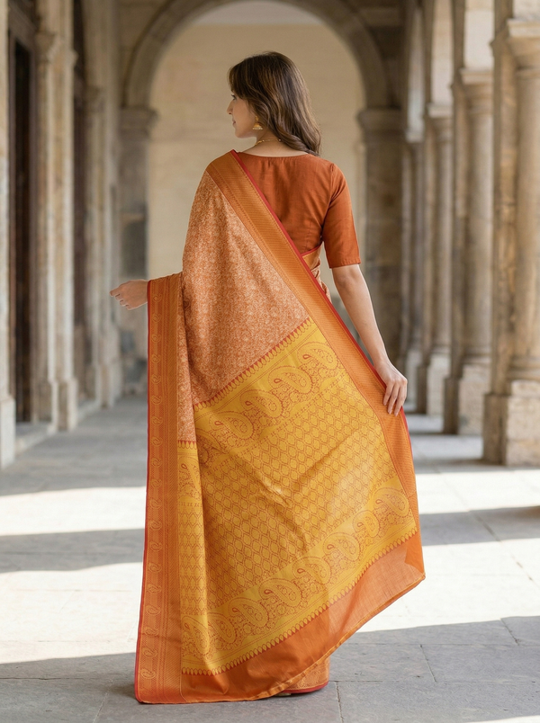 Burnt Orange Mysore Inspired Semi Silk Saree with Medium Medium Contrast Border