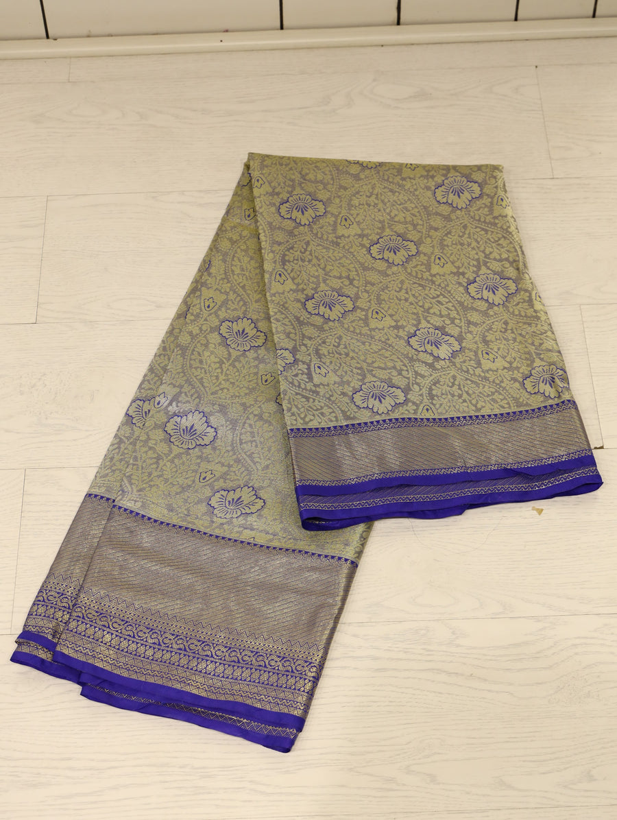 Champagne Gold Kanchipuram Inspired Semi Silk Saree with Wide Wide Contrast Border