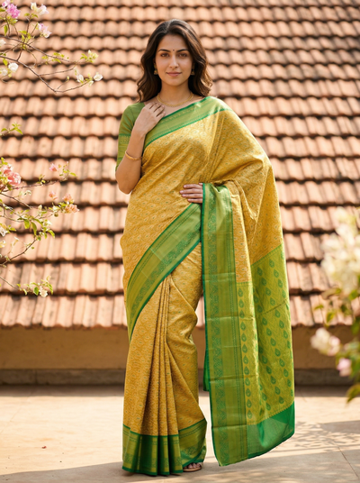Mustard Yellow Mysore Inspired Semi Silk Saree with Wide Wide Contrast Border