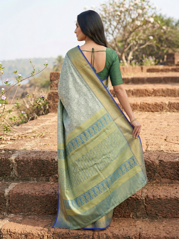Sage Green Uppada Inspired Semi Silk Saree with Medium Medium Contrast Border