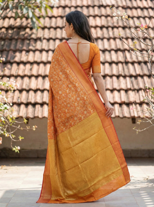 Burnt Orange Dharmavaram Inspired Semi Silk Saree with Medium Medium Contrast Border