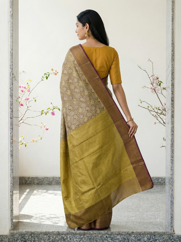 Antique Gold Kanchipuram Inspired Semi Silk Saree with Medium Medium Contrast Border