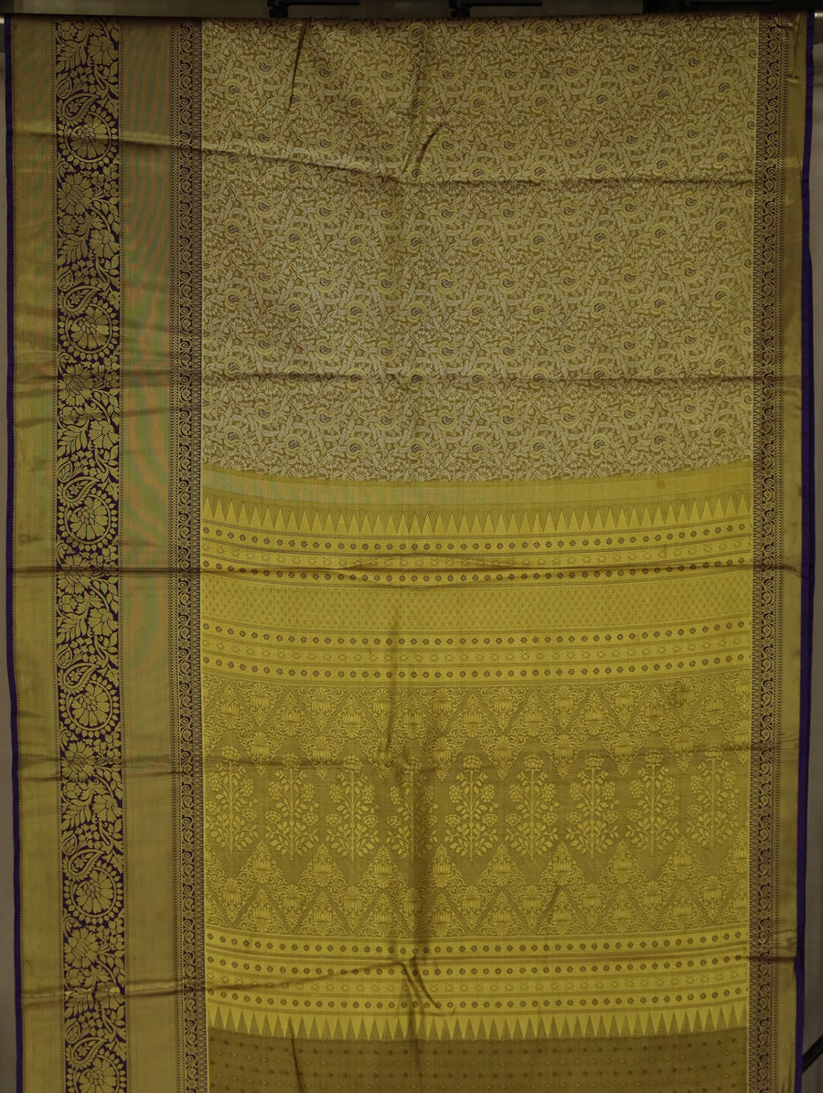 Champagne Gold Kanchipuram Inspired Semi Silk Saree with Wide Wide Contrast Border