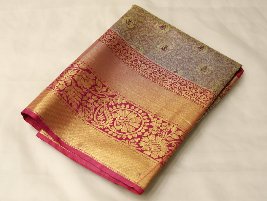 Ivory Beige Dharmavaram Inspired Semi Silk Saree with Wide Wide Contrast Border