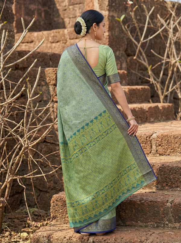 Sage Green Uppada Inspired Semi Silk Saree with Wide Wide Contrast Border