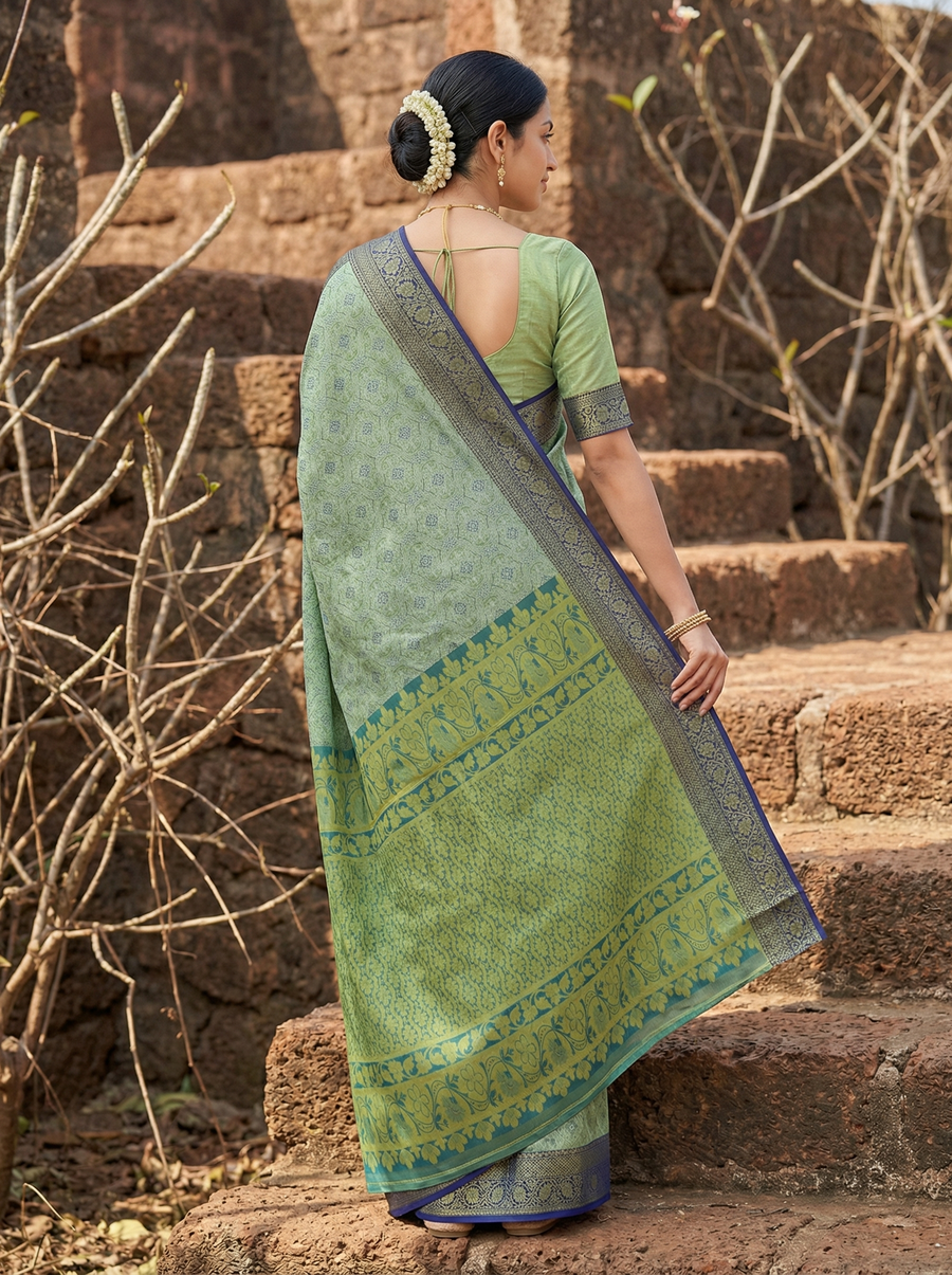 Sage Green Uppada Inspired Semi Silk Saree with Wide Wide Contrast Border