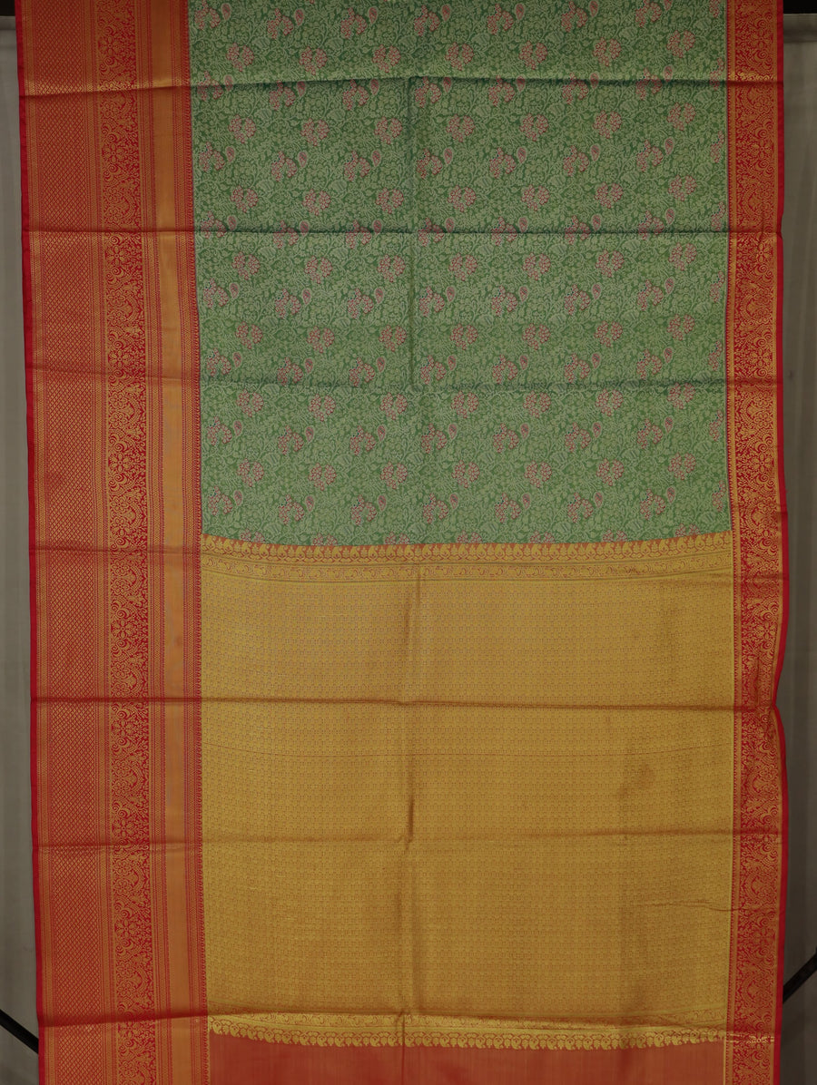Sage Green Kanchipuram Inspired Semi Silk Saree with Wide Wide Contrast Border