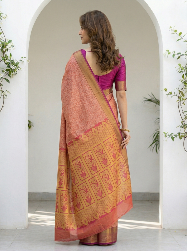 Coral Peach Kanchipuram Inspired Semi Silk Saree with Wide Wide Contrast Border