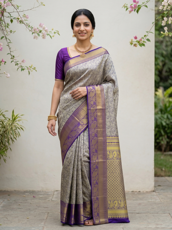 Champagne Gold Kanchipuram Inspired Semi Silk Saree with Medium Medium Contrast Border