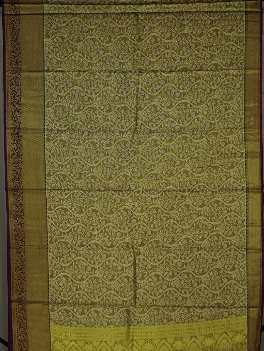 Olive Green Kanchipuram Inspired Semi Silk Saree with Medium Medium Contrast Border