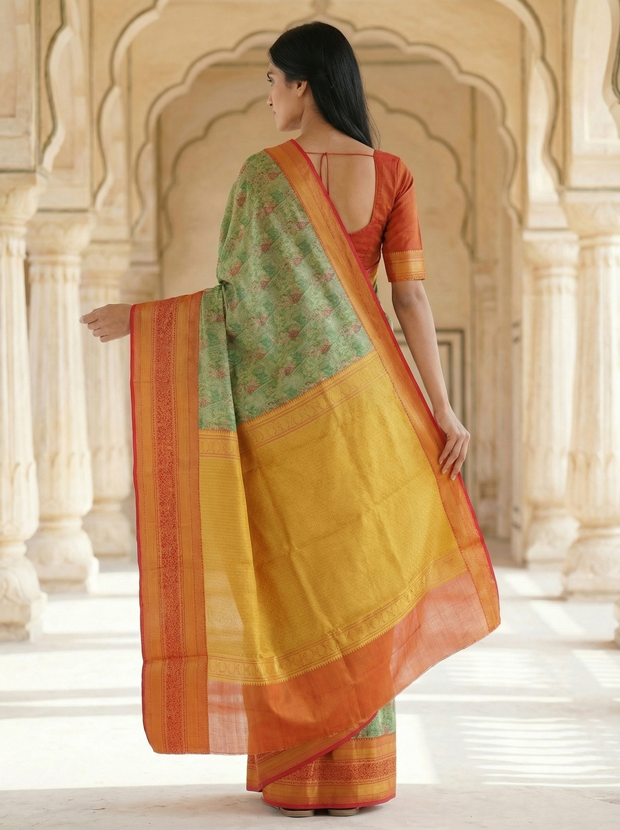 Sage Green Kanchipuram Inspired Semi Silk Saree with Wide Wide Contrast Border