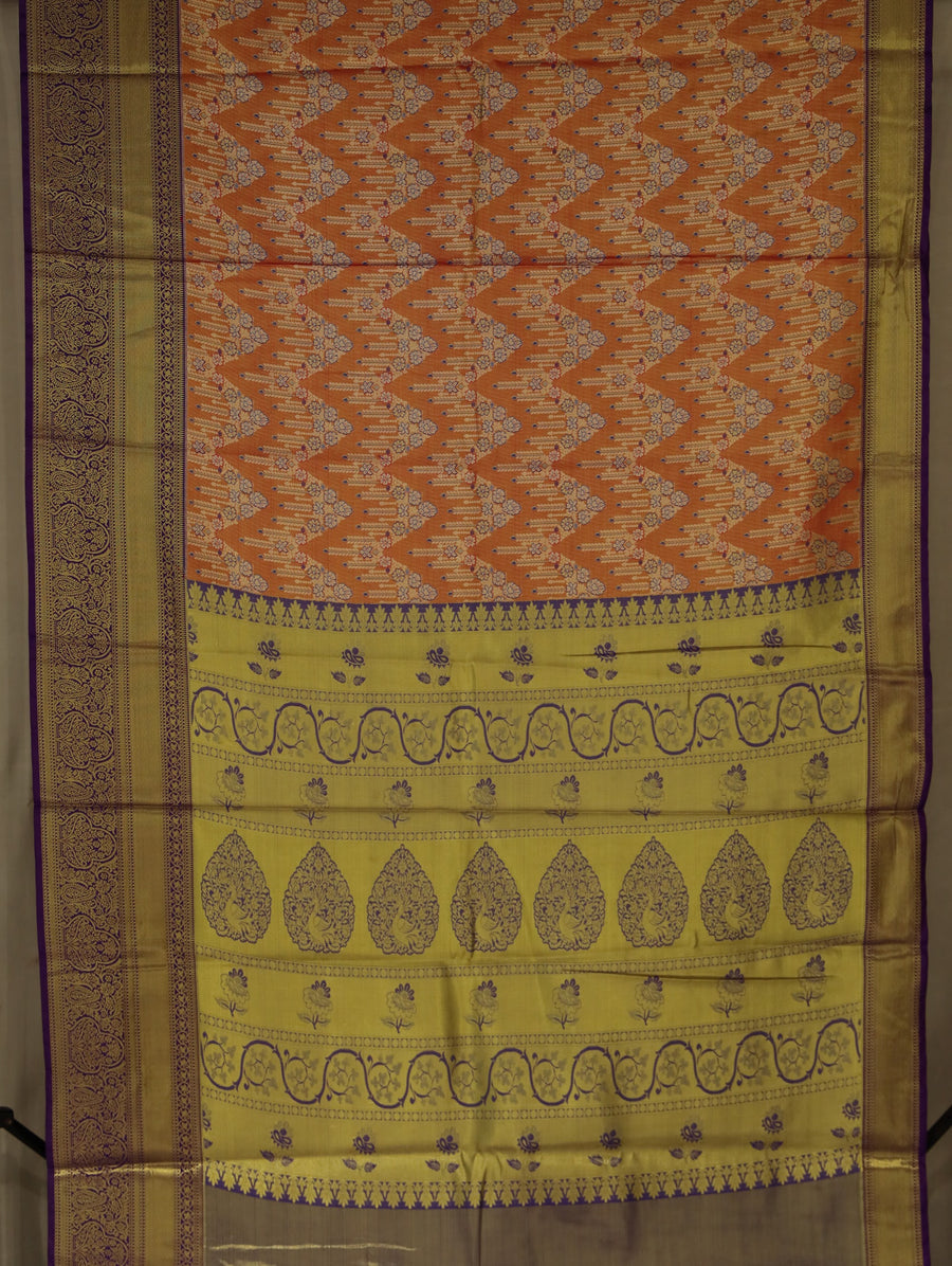 Burnt Orange Gadwal Inspired Semi Silk Saree with Medium Medium Contrast Border