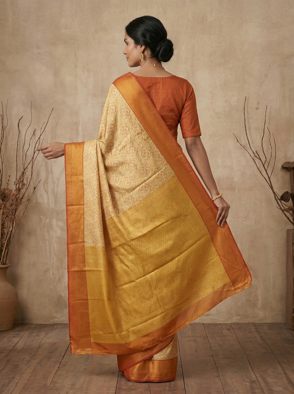 Champagne Gold Kanchipuram Inspired Semi Silk Saree with Wide Wide Contrast Border