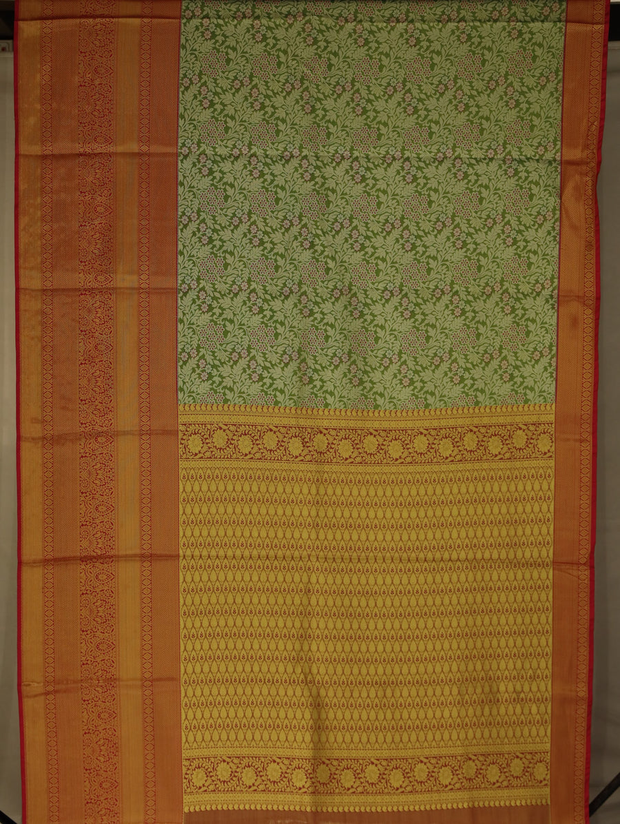 Sage Green Kanchipuram Inspired Semi Silk Saree with Wide Wide Contrast Border