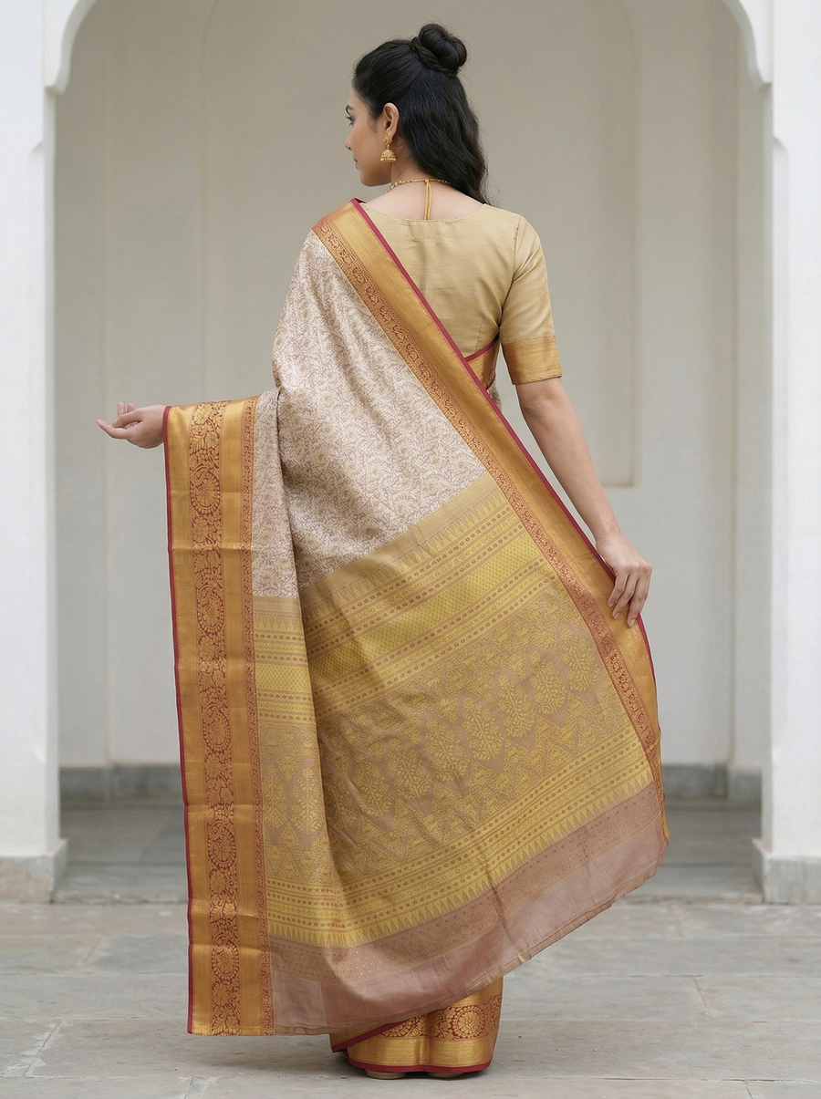 Ivory Beige Dharmavaram Inspired Semi Silk Saree with Wide Wide Contrast Border