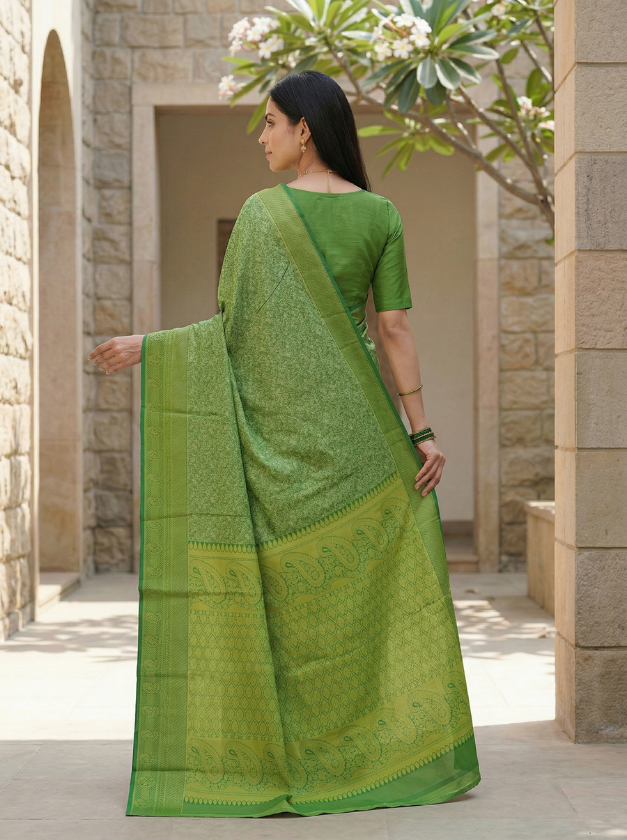 Fern Green Mysore Inspired Semi Silk Saree with Wide Wide Self Border