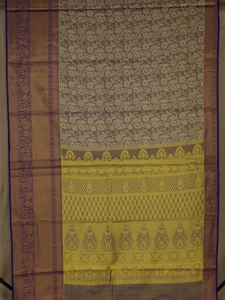 Champagne Gold Kanchipuram Inspired Semi Silk Saree with Wide Wide Contrast Border