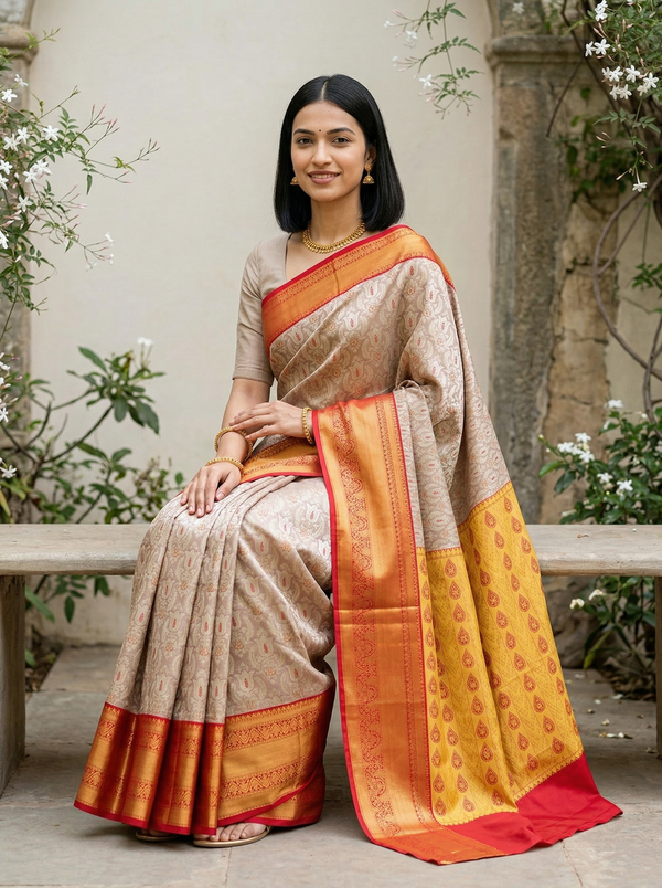 Champagne Gold Kanchipuram Inspired Semi Silk Saree with Wide Wide Contrast Border