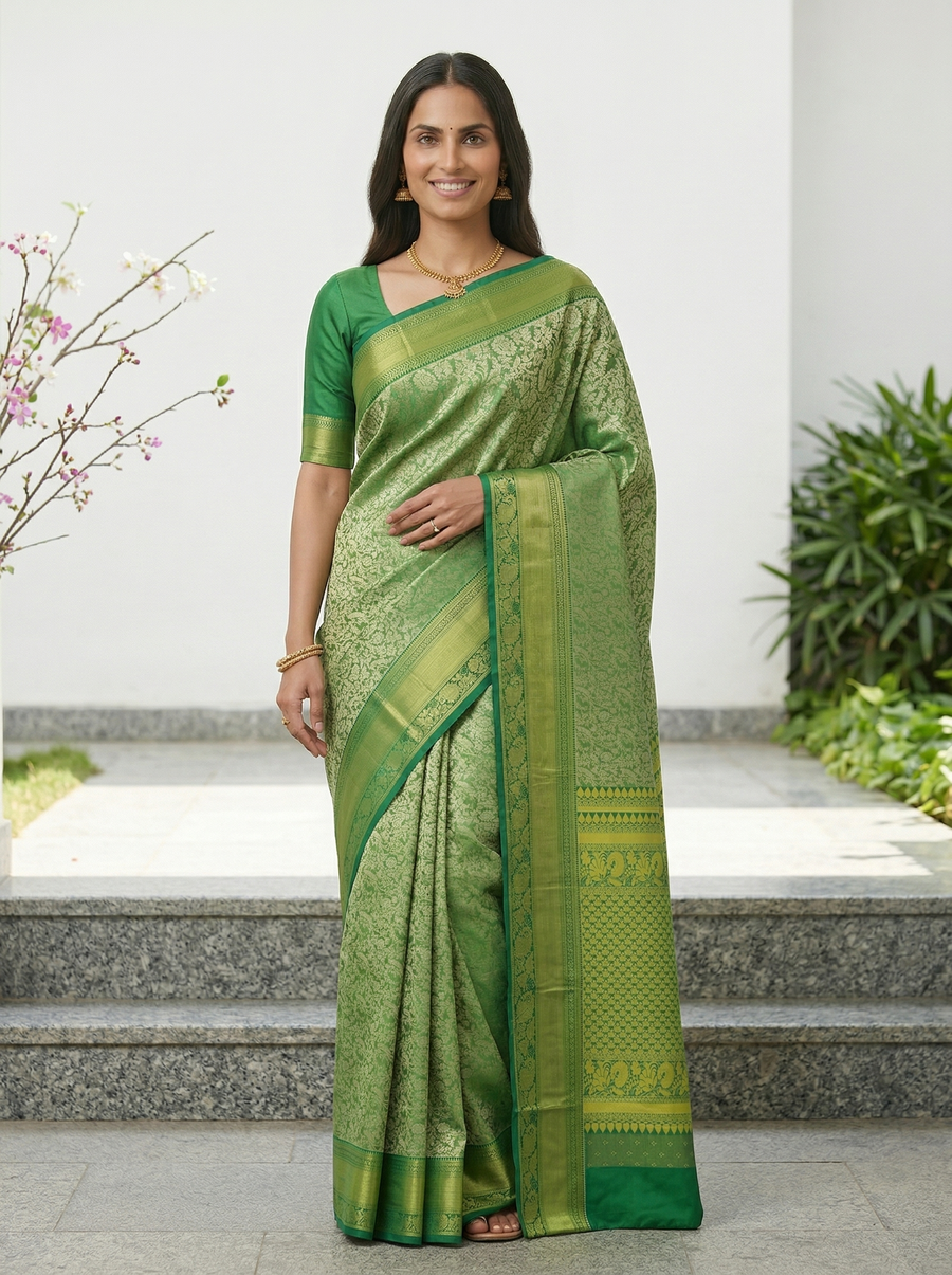 Emerald Green Kanchipuram Inspired Semi Silk Saree with Medium Medium Self Border