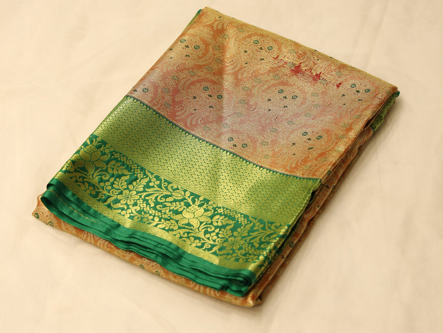 Champagne Gold Kanchipuram Inspired Semi Silk Saree with Wide Wide Contrast Border