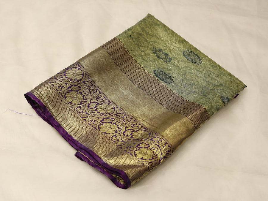 Olive Green Dharmavaram Inspired Semi Silk Saree with Medium Medium Contrast Border